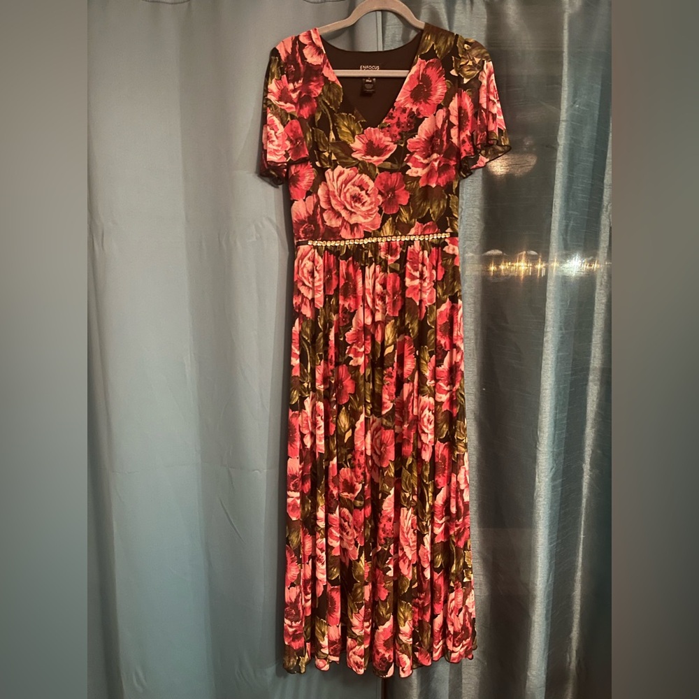 Pink Floral Dress with Bejeweled Belt